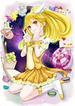  art_brush blonde_hair book boots bow cake candy choker cure_peace dessert double_v food full_body hair_flaps kise_yayoi long_hair magical_girl paint paintbrush palette ponytail precure sculpture skirt smile smile_precure! solo statue tarou_(kitsune_kitsune) tiara v wrist_cuffs yellow_bow yellow_eyes yellow_skirt 