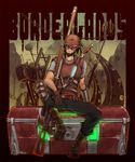  bandolier beard belt boots borderlands brown_hair facial_hair gloves glowing goggles gun keisuke_(pixiv42454) knee_pads knife mailbox_(incoming_mail) male_focus mask mordecai_(borderlands) rifle sitting smile sniper_rifle weapon 