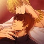  blonde_hair brown_eyes brown_hair casual fate/zero fate_(series) gilgamesh jewelry kotomine_kirei male_focus multiple_boys necklace red_eyes sng 