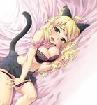  ahoge animal_ears bed_sheet blonde_hair blush bra breasts cat_ears cat_tail cleavage curvy dutch_angle fang green_eyes hand_in_panties holding holding_hair hoshii_miki idolmaster idolmaster_(classic) in_heat large_breasts lingerie long_hair lying maru_(sara_duke) navel on_side open_mouth panties panty_pull pussy_juice pussy_juice_stain shirt_lift skirt solo sweat tail tears underwear wet wet_clothes wet_panties 