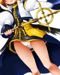  brown_hair dr_rex fingerless_gloves gloves head_out_of_frame holding lyrical_nanoha mahou_shoujo_lyrical_nanoha mahou_shoujo_lyrical_nanoha_a's open_mouth panties schwertkreuz short_hair solo staff underwear white_panties yagami_hayate 