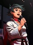  arcade_cabinet bad_id bad_pixiv_id black_hair choker commentary dougi jibon karate_gi makoto_(street_fighter) microphone momochi_(gamer) ribbon_choker short_hair solo street_fighter street_fighter_iii_(series) 