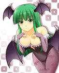  animal_print bare_shoulders bat_print bat_wings blush breasts collarbone demon_girl elbow_gloves fingerless_gloves gloves green_eyes green_hair head_wings highres leaning_forward leotard long_hair medium_breasts morrigan_aensland pantyhose print_legwear purple_wings sazaki_hiyoru smile solo succubus vampire_(game) wings 