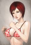  bad_id bad_pixiv_id bandaid bare_shoulders bikini breasts brown_eyes checkered checkered_bikini cleavage clenched_hands dead_or_alive dead_or_alive_5 freckles large_breasts lips mila_(doa) nose red_hair short_hair smile solo swimsuit underboob upper_body vasily_(run211) 