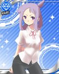  arm_behind_back bike_shorts blouse blush card_(medium) card_parody cinderella_girls_card_parody diamond_(symbol) hand_on_own_arm himematsu_school_uniform idolmaster idolmaster_cinderella_girls nazo_no_murasame_chiaki parody purple_eyes purple_hair ribbon saki solo standing suehara_kyouko 