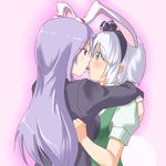  animal_ears blush bunny_ears commentary_request eye_contact french_kiss green_eyes highres kiss konpaku_youmu long_hair long_sleeves looking_at_another multiple_girls purple_hair rabinidaddo red_eyes reisen_udongein_inaba short_hair silver_hair touhou yuri 