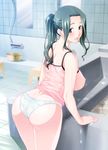  arched_back ass bathroom blush breasts cover_image green_eyes green_hair highres large_breasts leaning_forward lips long_hair looking_at_viewer mirror no_bra official_art panties ponytail see-through shoumaru_(gadget_box) solo underwear wet wet_clothes white_panties yukemuri_geshuku_no_tsuyajiri_oneesan-tachi 