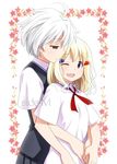  aislinn_wishart behind_ear blonde_hair blue_eyes hug kosegawa_shiromi looking_back miyamori_school_uniform multiple_girls one_eye_closed saki school_uniform short_hair smile umekichi white_hair 