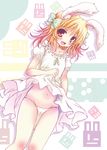  :d animal_ears bad_id bad_pixiv_id blonde_hair blush bow bunny_ears collarbone dress dress_lift fang groin hair_bow holding looking_at_viewer open_mouth original oshiruko_(uminekotei) panties short_hair smile solo underwear white_panties 