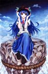  blue_hair blue_sky cloud food fruit hands_on_headwear hat hinanawi_tenshi kabaji long_hair looking_at_viewer oil_painting_(medium) peach pink_eyes puffy_sleeves shirt short_sleeves sitting_on_rock skirt sky smile solo touhou 