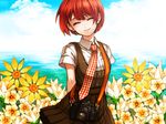  bad_id bad_pixiv_id camera closed_eyes danganronpa day dress flower freckles koizumi_mahiru necktie ocean red_hair school_uniform short_hair sky smile solo super_danganronpa_2 water zakki 