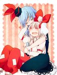  ^_^ bad_id bad_pixiv_id blue_hair bow closed_eyes eyebrows fujiwara_no_mokou hair_bow hat heart hug kamishirasawa_keine multiple_girls open_mouth seiza sitting skirt suspenders touhou wan_mame white_hair yuri 