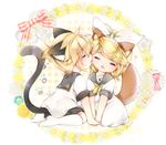  1girl animal_ears blonde_hair brother_and_sister cat_ears cat_tail hachimitsu_(127032) hair_ornament hair_ribbon hairclip kagamine_len kagamine_rin licking ribbon short_hair siblings sitting smile tail twins vocaloid younger 