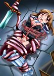  1girl armor bdsm biosuit bondage bound bound_arms bound_legs breasts brown_hair cleavage defeated female_ejaculation helpless highres knight large_breasts lilish living_clothes living_suit monster monster_rape open_mouth pussy_juice rape screaming squirting sweat sword tears tentacle warrior weapon 