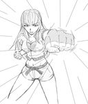  bra breasts cleavage dead_or_alive fighting_stance fingerless_gloves foreshortening gloves greyscale hairband hartman hitomi_(doa) long_hair medium_breasts midriff monochrome navel punching short_shorts shorts solo underwear 