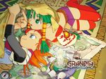  1999 1boy 1girl 90s blue_eyes candle carpet compass cropped cup duplicate feena_(grandia) grandia grandia_i green_eyes green_hair hair_tubes hat hat_removed headwear_removed hontani_toshiaki justin_(grandia) layered_sleeves lying map miniskirt official_art on_back on_stomach one_eye_closed orange_hair pointing red_hair skirt striped striped_legwear teacup tent thighhighs wallpaper 