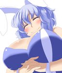 animal_ears blue_hair breasts bunny_ears closed_eyes eyebrows hands_clasped huge_breasts letty_whiterock own_hands_together ramototu short_hair smile solo touhou 