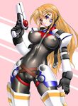  adapted_costume armor black_bodysuit blush bodysuit breasts cameltoe covered_nipples cross_mirage gun impossible_bodysuit impossible_clothes large_breasts long_hair lyrical_nanoha mahou_shoujo_lyrical_nanoha_strikers orange_hair purple_eyes sakura_ryuuken skin_tight solo teana_lanster thighhighs weapon 