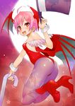  :d ahoge animal_print ass bat_print bat_wings blush boots cane demon_girl fang flat_chest hat head_wings leotard lilith_aensland looking_at_viewer nakamura_yukitoshi open_mouth pantyhose pink_hair print_legwear red_eyes red_leotard short_hair smile solo star top_hat vampire_(game) wings wrist_cuffs 