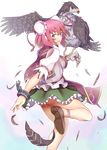  animal_on_arm bandages bird bird_on_arm cuffs double_bun eagle feathers ginko_(nico) ibaraki_kasen leg_up looking_at_viewer looking_back md5_mismatch outstretched_arm outstretched_hand pink_eyes pink_hair puffy_sleeves shackles shirt short_hair short_sleeves skirt solo tabard touhou upskirt 