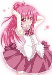  adjusting_hair armpits arms_up blush bow hair_ribbon kagerou_(kers) long_hair mouth_hold pink_eyes pink_hair ribbon ribbon_in_mouth skirt solo sugiura_ayano tying_hair yuru_yuri 