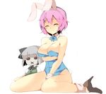  :x animal_ears ankle_cuffs bare_shoulders blue_leotard blush breasts bunny_ears bunny_girl bunny_tail bunnysuit character_doll cleavage closed_eyes detached_collar fake_animal_ears hasebe_yuusaku hat high_heels konpaku_youmu large_breasts leotard pink_hair saigyouji_yuyuko shoes short_hair simple_background sitting smile solo tail touhou wariza white_background 