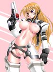  adapted_costume armor blush bodysuit breasts cross_mirage gun impossible_bodysuit impossible_clothes large_breasts long_hair lyrical_nanoha mahou_shoujo_lyrical_nanoha_strikers nipples orange_hair purple_eyes pussy sakura_ryuuken see-through sheer_bodysuit solo teana_lanster thighhighs weapon 