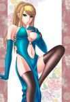  adapted_costume alternate_costume bare_shoulders blonde_hair breasts dress elbow_gloves gloves green_eyes highres kukua_(mosushi) long_hair medium_breasts metroid navel o-ring o-ring_top ponytail samus_aran smile solo thighhighs wristband 