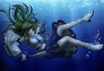  air_bubble breasts bubble chien_zero detached_sleeves dress floating_hair frog_hair_ornament gohei green_eyes green_hair hair_ornament highres kochiya_sanae large_breasts long_hair looking_at_viewer midriff navel shirt snake_hair_ornament solo taut_clothes taut_shirt touhou underwater 