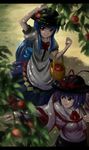  basket blue_hair chien_zero cross-laced_footwear dress food fruit hand_on_headwear hat highres hinanawi_tenshi lavender_hair letterboxed long_hair multiple_girls nagae_iku peach red_eyes shawl short_hair smile touhou 