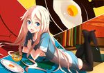  3 black_legwear blue_eyes braid computer crossed_arms egg food fried_egg frying_pan ia_(vocaloid) laptop long_hair lying nihonbashi_koukashita_r_keikaku_(vocaloid) number on_stomach paneled_background phantania pink_hair plate solo sunny_side_up_egg thighhighs vocaloid 