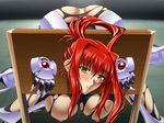  1girl bdsm black_package_try blush bondage bound breasts femsub large_breasts nipples pillory ponytail red_hair ryoushuu_kinin_no_mesuniku_jikken_chousho solo stocks 