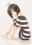  antenna_hair bad_id bad_pixiv_id barefoot black_eyes black_hair finger_to_mouth full_body grey_background idolmaster idolmaster_(classic) kikuchi_makoto looking_at_viewer masobe_(masbe) naked_shirt off_shoulder parted_lips shirt short_hair simple_background sitting solo striped striped_shirt 