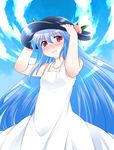  alternate_costume bad_id bad_pixiv_id blue_hair blush cloud day dress food fruit hammer_(sunset_beach) hands_on_headwear hat hinanawi_tenshi long_hair looking_at_viewer peach red_eyes sky solo touhou white_dress 