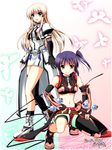  bare_shoulders black_legwear blonde_hair blue_eyes blush brown_hair bug butterfly elbow_gloves fingerless_gloves gloves grin higa_yukari highres insect isis_eaglet lily_strosek long_hair lyrical_nanoha magic_circle mahou_senki_lyrical_nanoha_force midriff multiple_girls navel open_mouth perfume_grab puffy_sleeves purple_hair sakazaki_akira shoes shorts side_ponytail single_thighhigh skirt smile thighhighs uniform yellow_eyes 