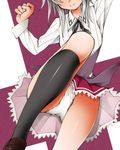  black_legwear blush dr_rex grey_hair head_out_of_frame high_school_dxd leg_up panties school_uniform silver_hair skirt smile solo toujou_koneko underwear white_panties 