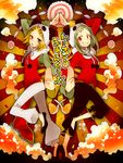  blonde_hair chinese_clothes green_hair grin gumi kagamine_rin kashi-k looking_at_viewer multiple_girls panda_hat pose red_eyes short_hair smile symmetry vocaloid yie_ar_fan_club_(vocaloid) 