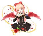  :d dungeon_and_fighter flower hair_tubes heart heart_hands long_hair looking_at_viewer mage_(dungeon_and_fighter) open_mouth peirasuo petals pointy_ears red_eyes red_wings ribbon rose side_ponytail simple_background smile solo symbol-shaped_pupils white_background wings 