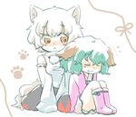  :&lt; animal_ears blush_stickers boots brown_eyes closed_eyes fang green_hair higashi_yuki inubashiri_momiji kasodani_kyouko multiple_girls no_hat no_headwear paw_print silver_hair sitting touhou white_hair wolf_ears 