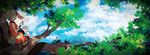  alternate_color bandana bike_shorts bird blue_sky brown_hair cloud day from_behind gen_3_pokemon gloves haruka_(pokemon) holding in_tree long_hair mountain pokemon pokemon_(creature) pokemon_(game) pokemon_emerald pokemon_rse pokenav rayquaza shadow sitting sitting_in_tree sky tree wristband yoneda 