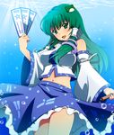  bubble detached_sleeves dress frog_hair_ornament green_eyes green_hair hair_ornament hinnu@ao kochiya_sanae long_hair midriff navel snake_hair_ornament solo star star-shaped_pupils symbol-shaped_pupils touhou underwater 