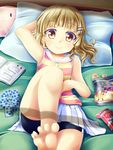  arm_up bad_id bad_pixiv_id bare_shoulders barefoot bed bike_shorts blonde_hair card collarbone feet food hair_ornament hairclip konata_gazel looking_at_viewer lying on_back oomuro_sakurako pillow playing_card pocky short_hair skirt smile soles solo striped toes yellow_eyes yuru_yuri 