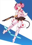  animal_ears bow cat_ears cat_tail gun hair_ribbon highres kaname_madoka kyubey magical_girl mahou_shoujo_madoka_magica nyoro_(nyoronyoro000) open_mouth parody pink_hair red_eyes ribbon short_hair short_twintails shotgun skirt striker_unit tail twintails weapon world_witches_series 