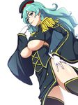  :p aqua_hair blue_eyes breasts clearite covered_nipples epaulettes glasses hat imagawa_yoshimoto_(sengoku_collection) large_breasts sengoku_collection solo thighhighs thighs tongue tongue_out underboob underboob_cutout 