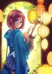  apple bag blue_eyes brown_hair food fruit grocery_bag instrument lantern orange original plaid plaid_skirt shopping_bag short_hair skirt solo trumpet yamyom 