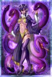 breasts clothing elf fangs female hair high_heels horn looking_at_viewer purple_hair snake solo tongue under_boob yellow_eyes yuureikun 