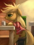 blonde_hair clothing coffee cup cutie_mark equine female feral friendship_is_magic green_eyes hair hangover horse mammal messy_hair my_little_pony pony raikoh-illust shirt sitting solo steam table tired 