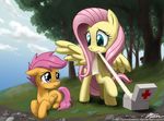  blue_eyes cub cutie_mark equine female feral first_aid fluttershy_(mlp) friendship_is_magic hair horse john_joseco mammal my_little_pony pegasus pink_hair pony purple_eyes rainbow_dash_(mlp) scootaloo_(mlp) tears tree wings wood young 