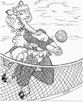  anthro ball big_breasts blonde_hair bracers breasts cloud clouds curly_hair eyelashes female fetlocks fur giraffe greyscale hair hairband hooves horn jumping long_hair long_neck mammal monochrome oscar_marcus pigtails pinup pose seaside simple_background skirt smile solo sport sports_bra tail_tuft tuft volleyball volleyball_net 
