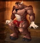  abs anthro balls beard biceps big big_penis bovine bulge bull cattle clothed clothing ear_piercing erection facial_hair fur green_eyes half-dressed hooves horn male mammal maxx muscles nipples nude pecs penis piercing pose sauna sitting solo topless towel vein veins 